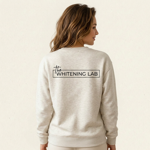 Beige Whitening Lab sweatshirt on model — back with large logo