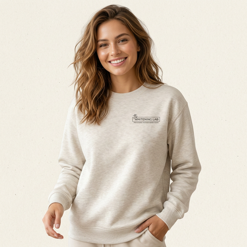 Beige Whitening Lab sweatshirt on model — front